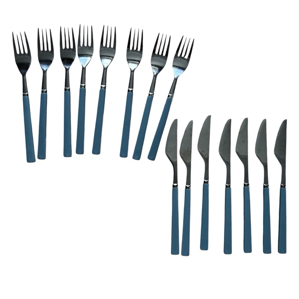 Vintage Melamine Set Stainless Steel Flatware Blue 7 Knives 8 Forks Set of 15
